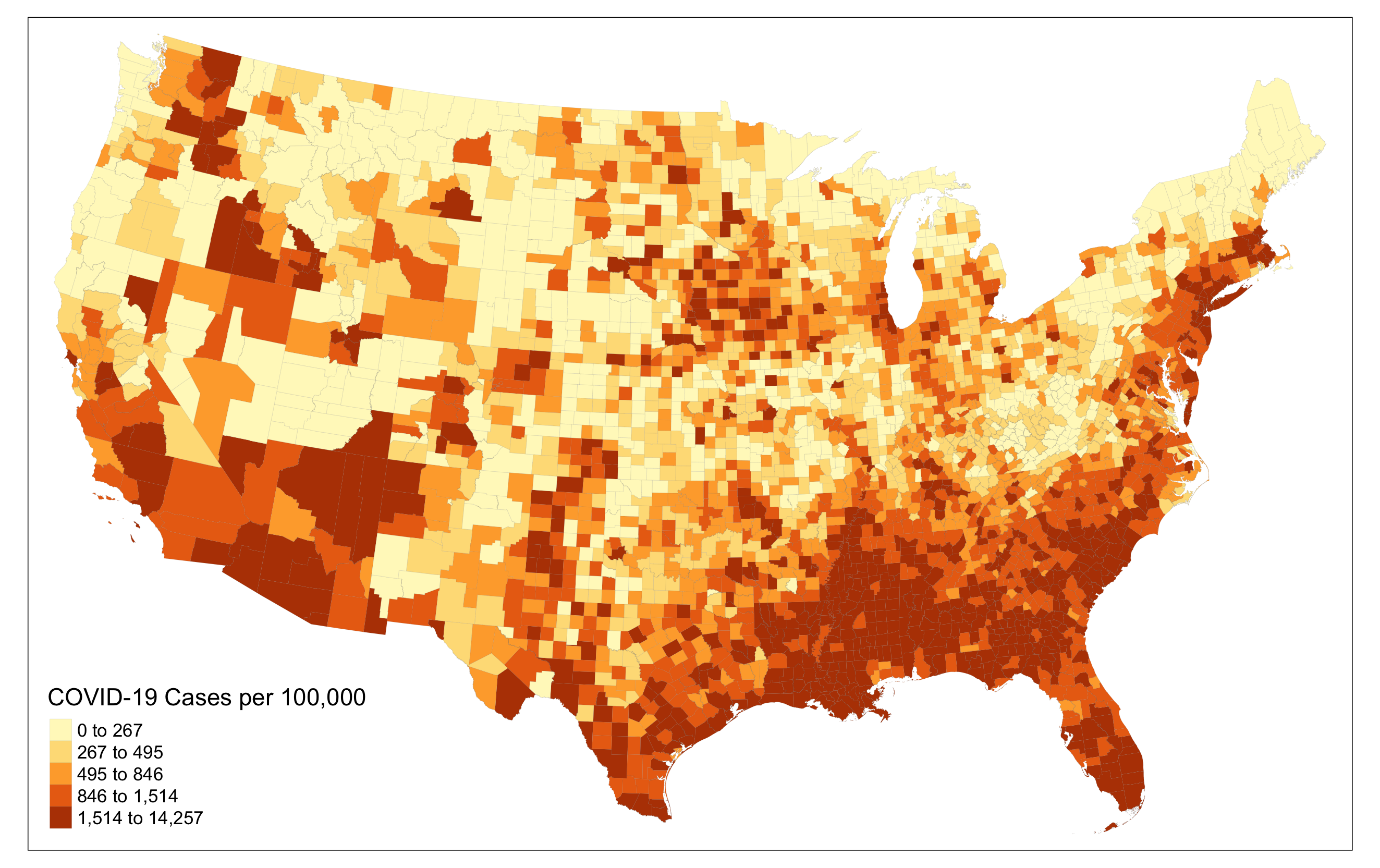 COVID-19 rates in U.S. counties, August 1, 2020